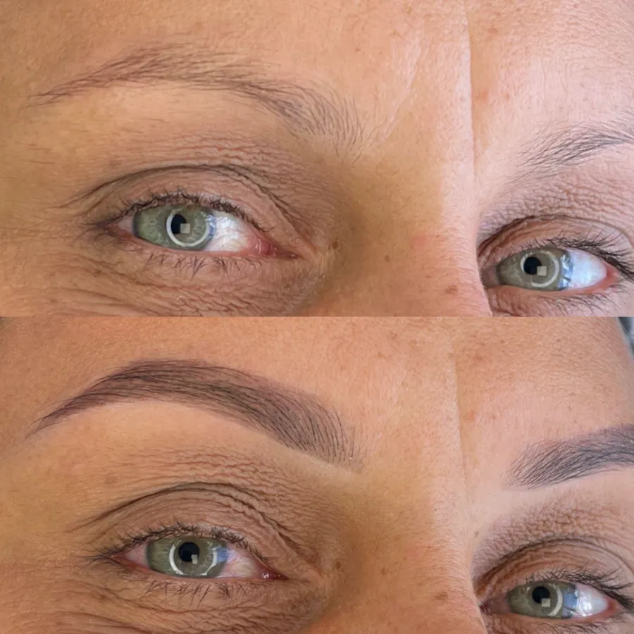 Antes e depois de um design de sobrancelha: em cima, fios ralos e sem forma; embaixo, sobrancelha desenhada, cheia e natural.