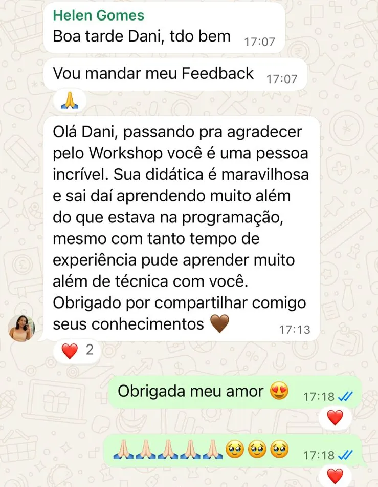 Print do WhatsApp: Helen Gomes agradece a Dani pela didática e diz que aprendeu muito além do que estava na programação.