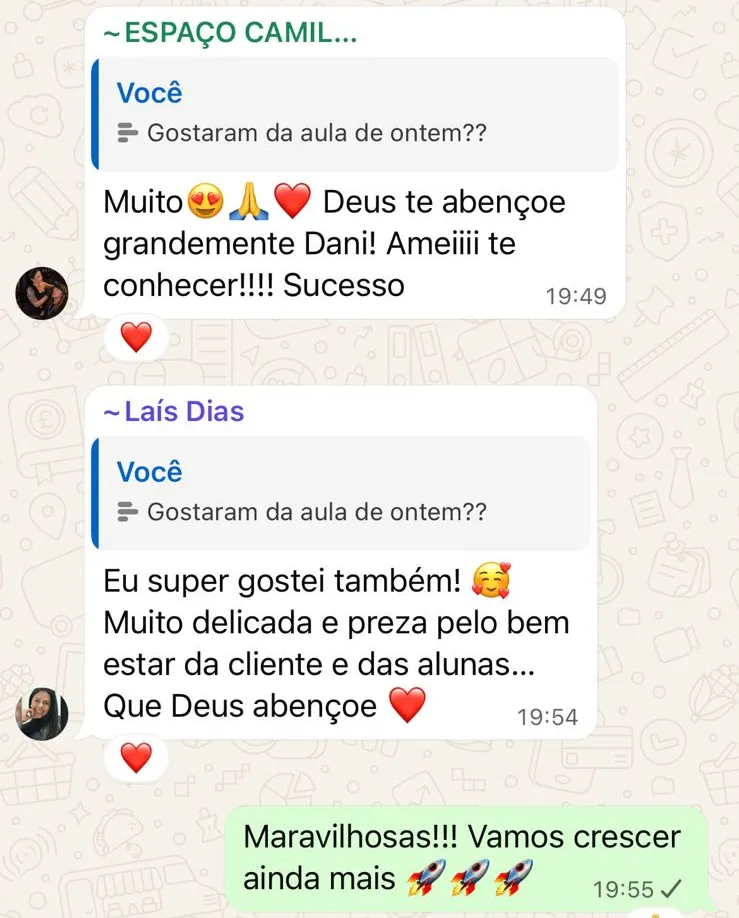 Print do WhatsApp: duas alunas respondem que amaram a aula e agradecem a Dani.